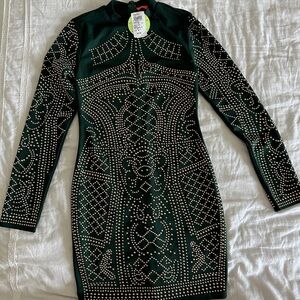 Hunter Green Embellished Bodycon Dress with Long Sleeves